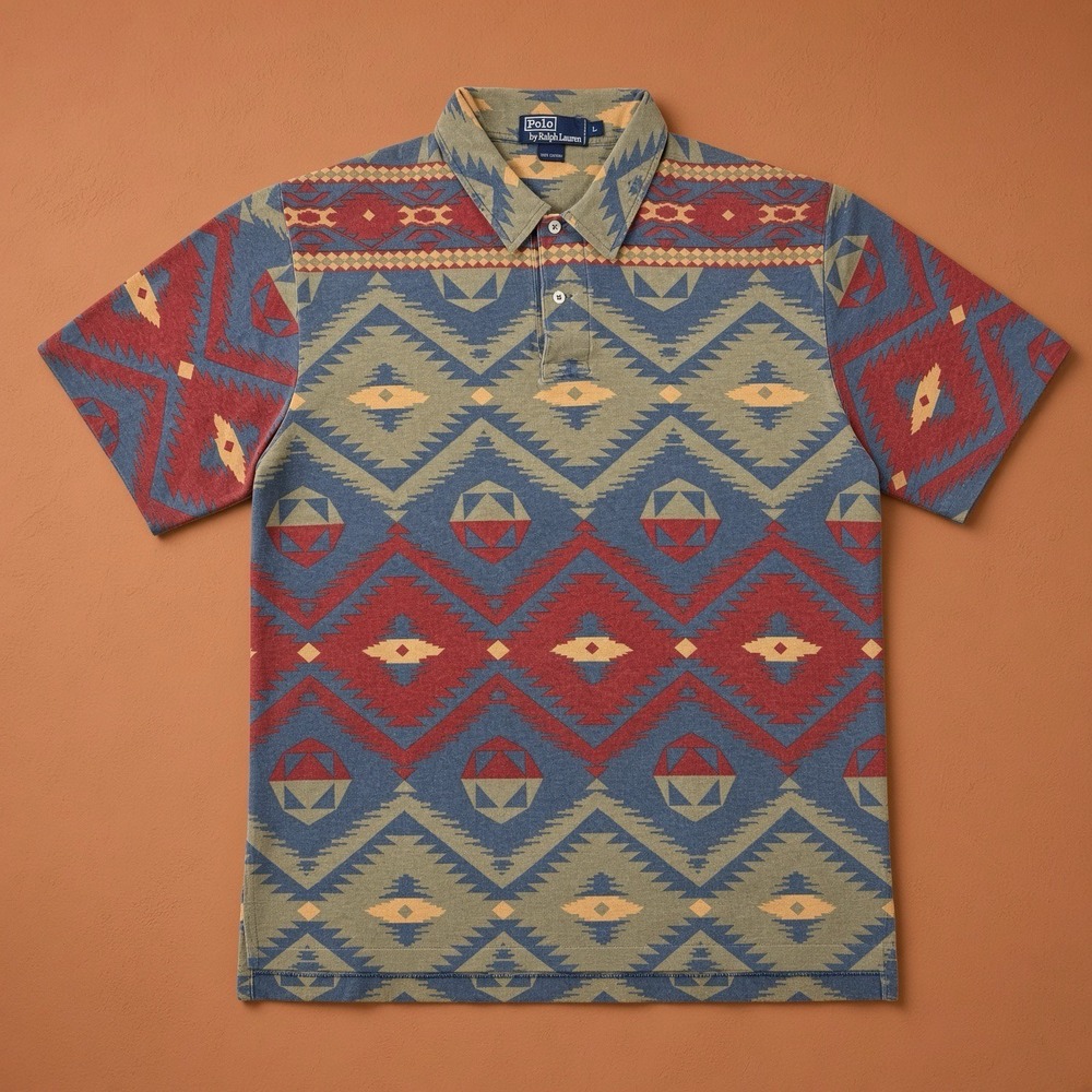 Polo Ralph Lauren 90s Southwestern Geometric Pique Polo Shirt Blue Red Large